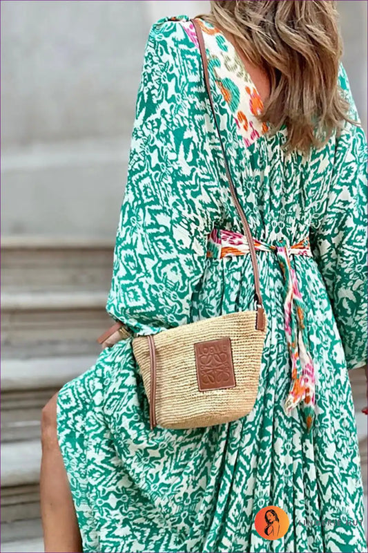 Maxi Dress with Geometric Print - Bohemian Wanderer for A-line, Autumn, Boho, Casual, Cutout