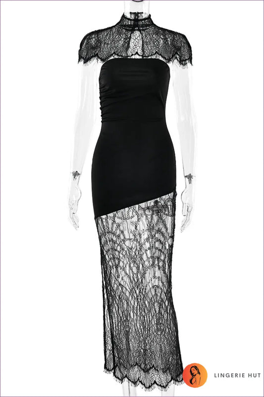 Maxi Dress with Lace Cape Overlay - Dramatic Evening Muse - s / Black - Dresses - Lingerie Hut - All Season • Bodycon