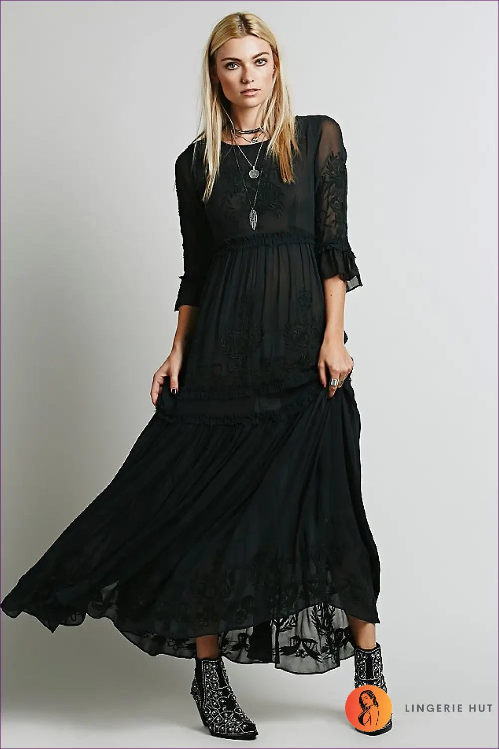 Lace Panel Maxi Dress - Effortless Bohemian Elegance - s / Black - Dresses - Lingerie Hut - All Season • Autumn • Boho