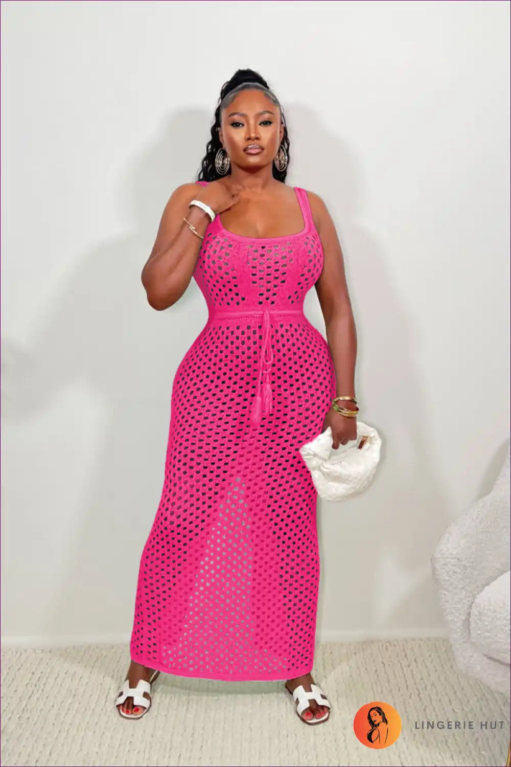 Maxi Dress with Mesh Overlay - Beach Club Elegance for Beachwear, Casual, Cutout, Dress, Evening Wear