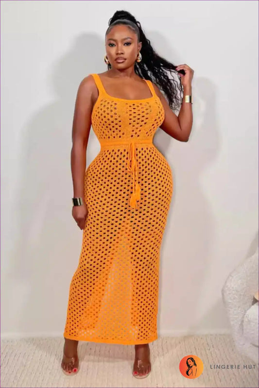 Maxi Dress with Mesh Overlay - Beach Club Elegance for Beachwear, Casual, Cutout, Dress, Evening Wear