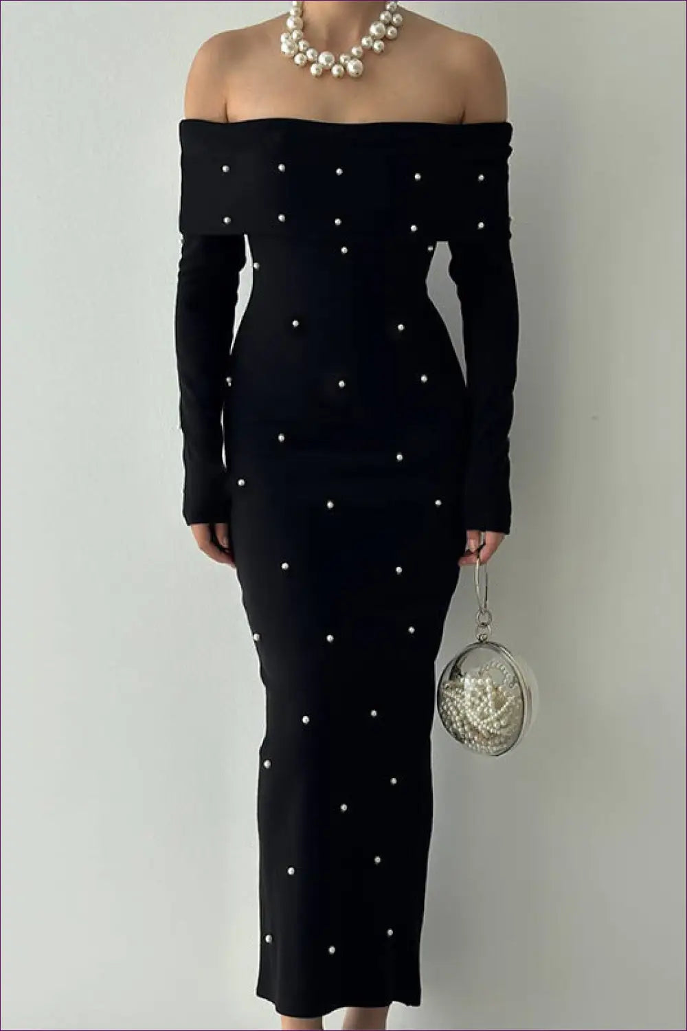 Midi Dress with Pearl Embellishments - Sophisticated Glamour - Dresses - Bodycon • Bodycon Midi Dress • Clothing