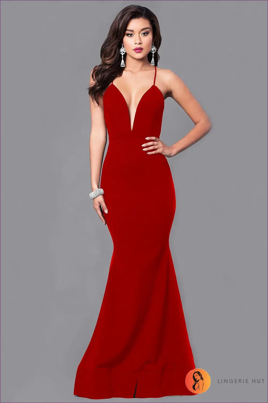 Maxi Bodycon Dress with Plunging Neckline - Effortless Evening Glamour - s / Red - Dresses - Lingerie Hut - All Season
