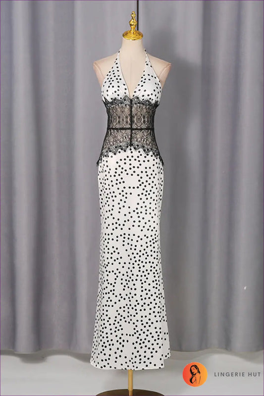 Maxi Halter Dress with Lace Waist - Garden Party Ready - s / Polka Dots - Dresses - Lingerie Hut - A-line • Casual