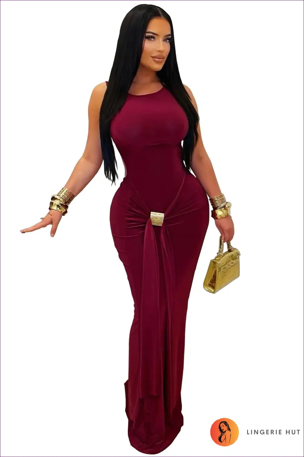 Maxi Dress with Ruched Waist and Backless Detail - Luxe Evenings - s / Wine Red - Bodysuit - Lingerie Hut - Backless