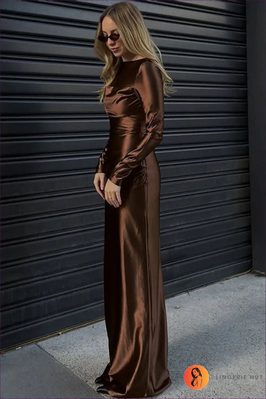 Maxi Dress with Ruched Waist - Effortless Evening Poise - s / Coffee - Dresses - Lingerie Hut - Autumn • Bodycon
