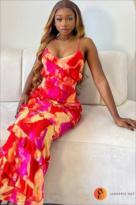 Maxi Dress with Ruffle Details - Sunset Goddess for A-line, Backless, Beachwear, Boho, Casual