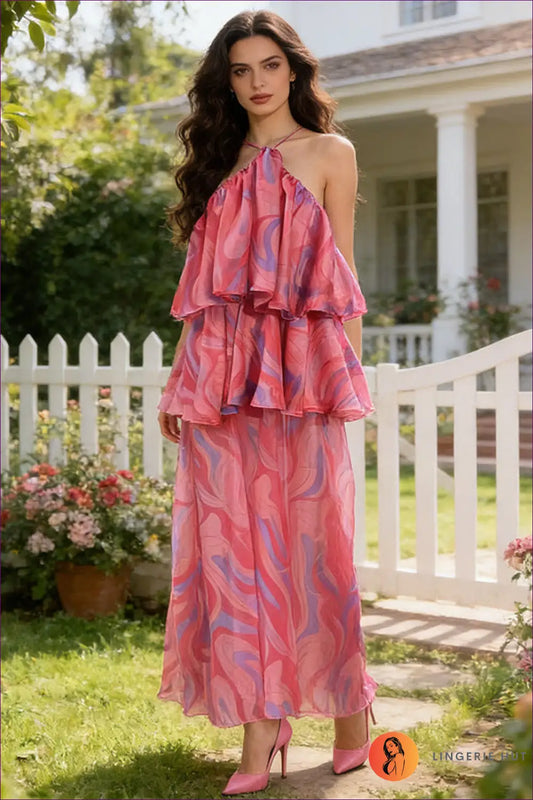 Maxi Dress with Ruffled Halter - Retro Summer Ease - s / Coral Red - Dresses - Lingerie Hut - A-line • Boho • Casual