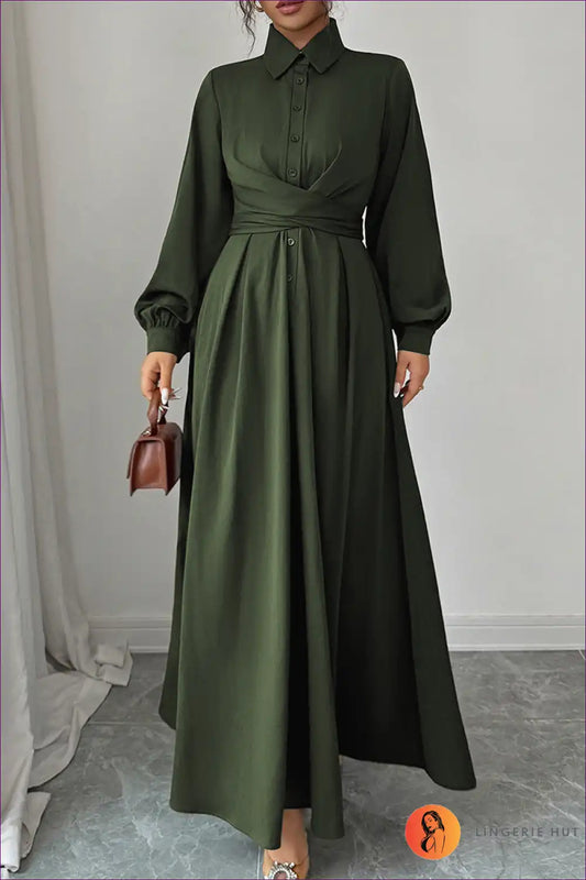 Maxi Dress with Self-belt Detail - Effortless Authority for A-line, All Season, Autumn, Casual,