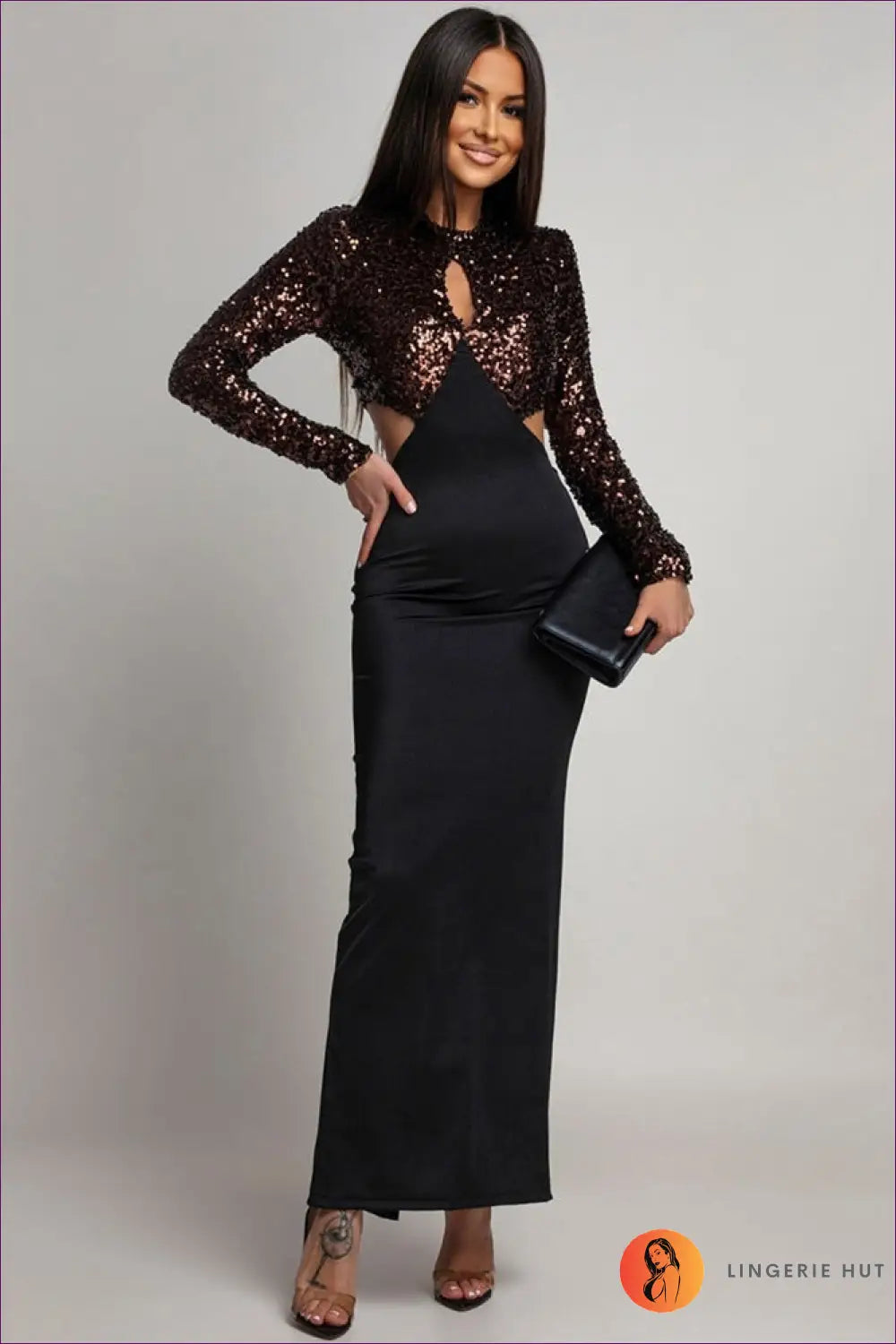 Maxi Dress with Sequin Bodice - Unforgettable Celebration Glam - s / Coffee - Dresses - Lingerie Hut - Autumn • Evening