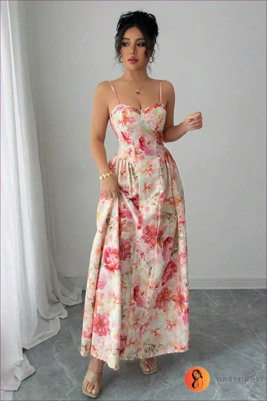 Maxi Dress with Off-shoulder Straps and Floral Print - Fairy Evening for A-line, Boho, Cutout, Dress, Evening