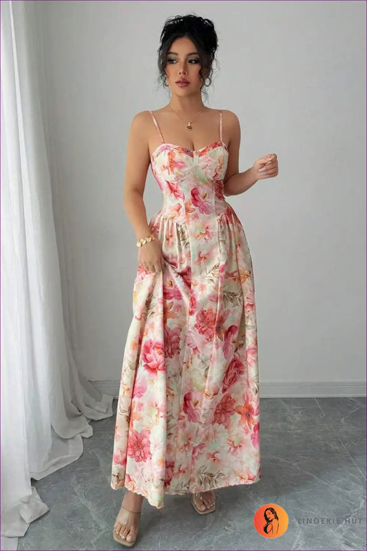 Floral Maxi Dress with Off-shoulder Straps - Garden Party Ready - s / Pink - Dresses - Lingerie Hut - A-line • Boho