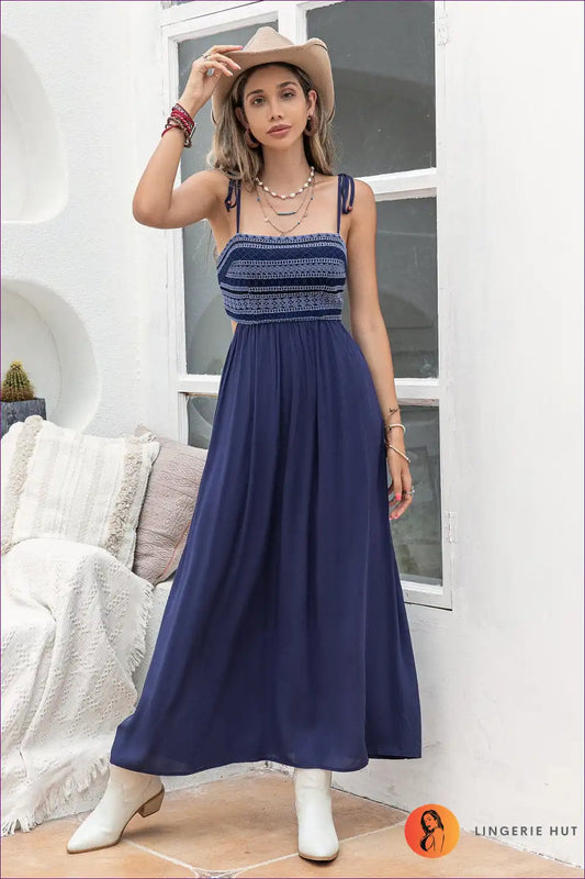 Maxi Dress with Smocked Bodice - Coastal Elegance for A-line, Casual, Dress, Evening Wear, Formal Wear