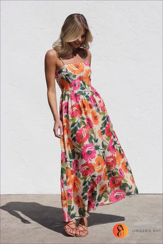Floral Maxi Sundress with Spaghetti Straps - Garden Party Ready - Dresses - Lingerie Hut - A-line • Casual • Chiffon