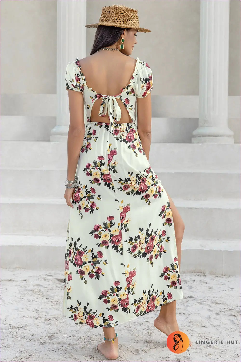 Floral Maxi Dress with Tie Waist - Garden Party Ready - Xl / Apricot - Dresses - Lingerie Hut - A-line • Boho • Casual