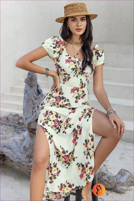 Floral Maxi Dress with Tie Waist - Garden Party Ready - Xl / Apricot - Dresses - Lingerie Hut - A-line • Boho • Casual