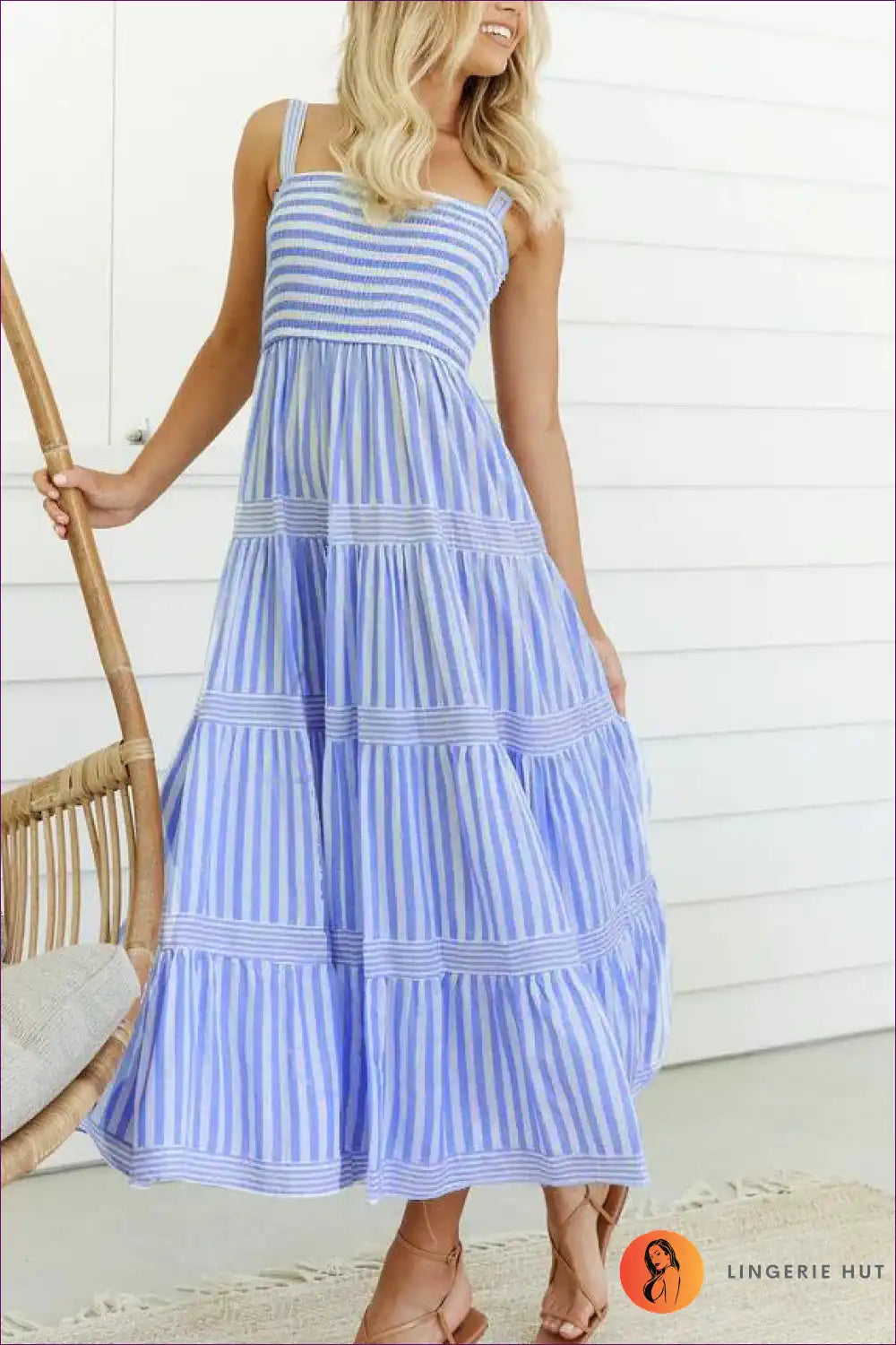 Maxi Dress with Tiered Stripes - Coastal Elegance for A-line, Boho, Casual, Dress,