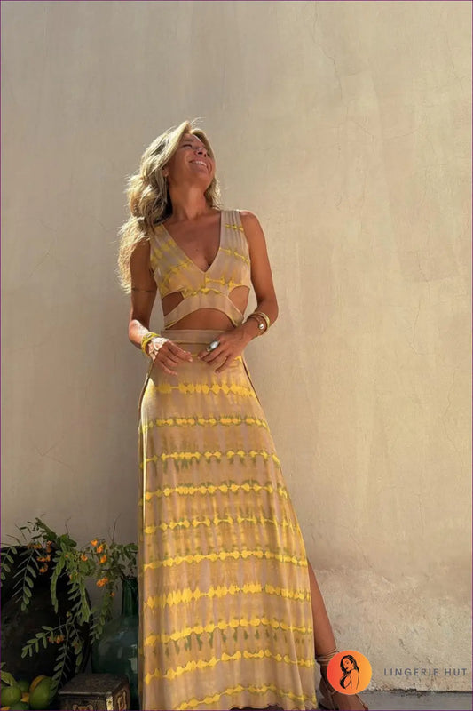 Maxi co Ord Set with Cutout Crop Top - Effortless Summer Glam - s / Yellow - Outfit Sets - Lingerie Hut - Boho • Casual