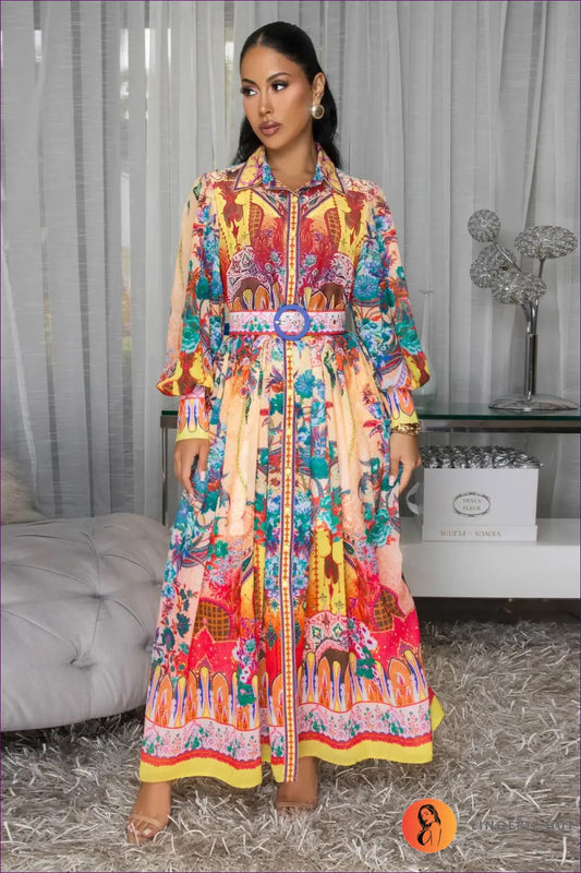 Maxi Shirt Dress with Ethnic Print - Effortless Elegance - s / Multi - A-line • Autumn • Belted • Button Front
