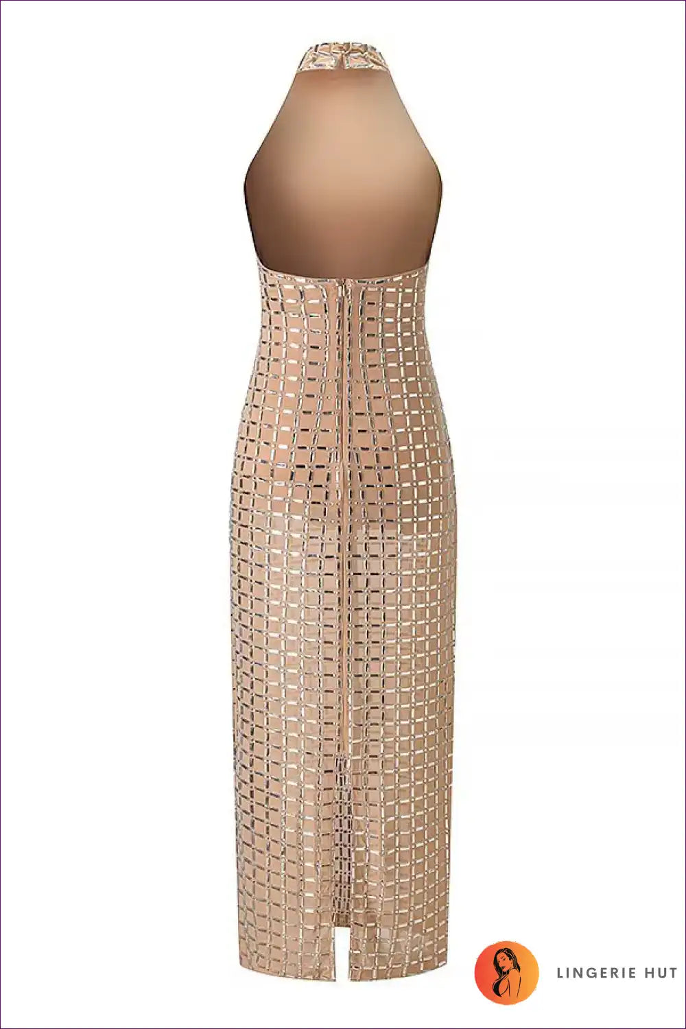 Mesh Halter Maxi Dress with Rhinestone Accents for Events Backless, Dress, Evening Wear, Formal Glamour