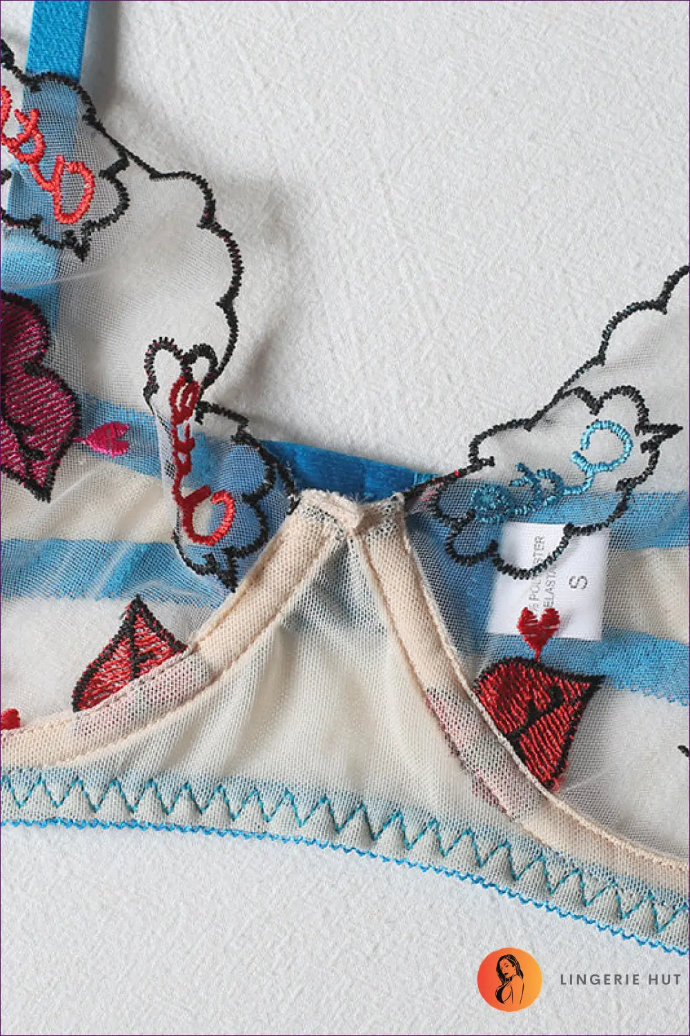 Mesh Lip Print Bra Set with Garter - Flirty Boudoir Edit - Lingerie - Hut - All Season • Cutout • Date Night