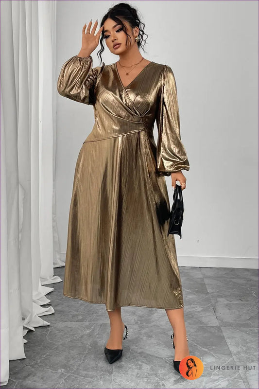 Plus Size Metallic Wrap Midi Dress - Effortless Evening Glamour - Xl / Gold - Dresses - Lingerie Hut - All Season