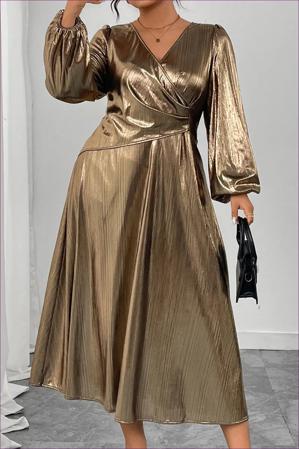 Plus Size Metallic Wrap Midi Dress - Effortless Evening Glamour - Dresses - Lingerie Hut - All Season • Evening Wear