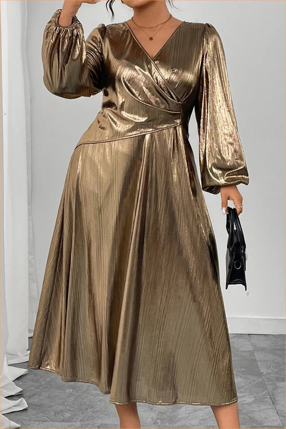 Plus Size Metallic Wrap Midi Dress - Effortless Evening Glamour - Dresses - All Season • Wear • Formal • Lingerie Hut
