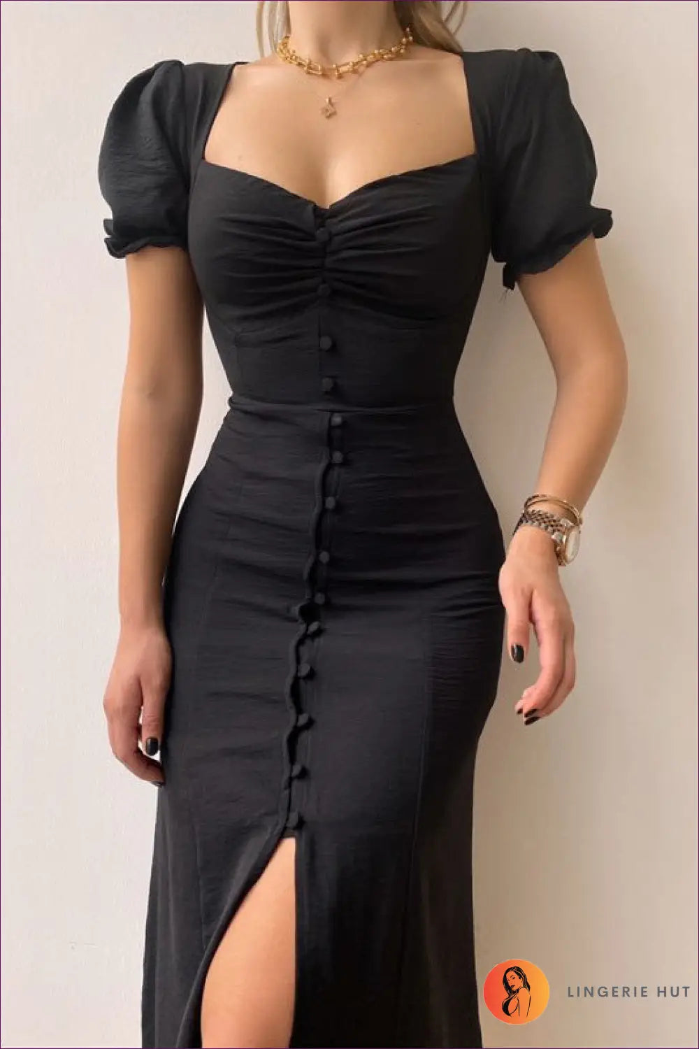 Button Front Midi Dress - Vintage Romance Modern Ease - s / Black - Dresses - Lingerie Hut - A-line • All Season