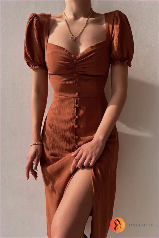 Midi Dress with Button Front - Vintage Romance for A-line, All Season, Autumn, Dress, Everyday