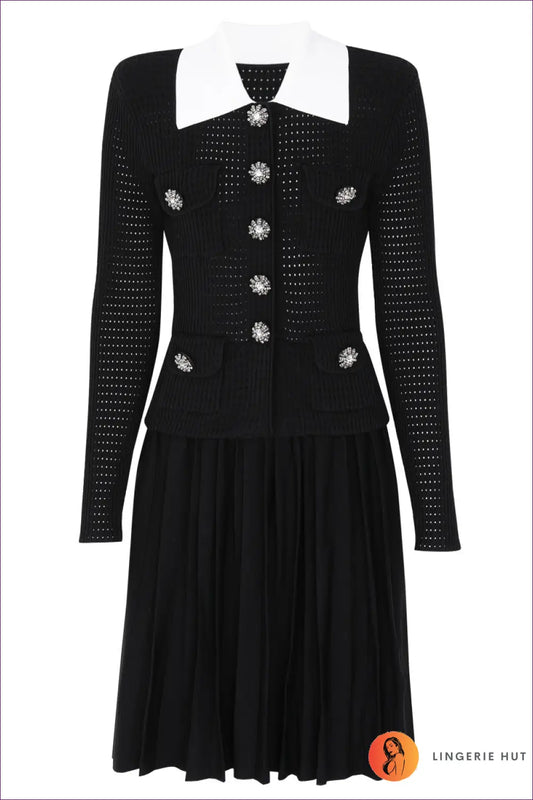 Collared Midi Dress with Crystal Buttons - Understated Glamour - s / Black Short - Dresses - Lingerie Hut - A-line