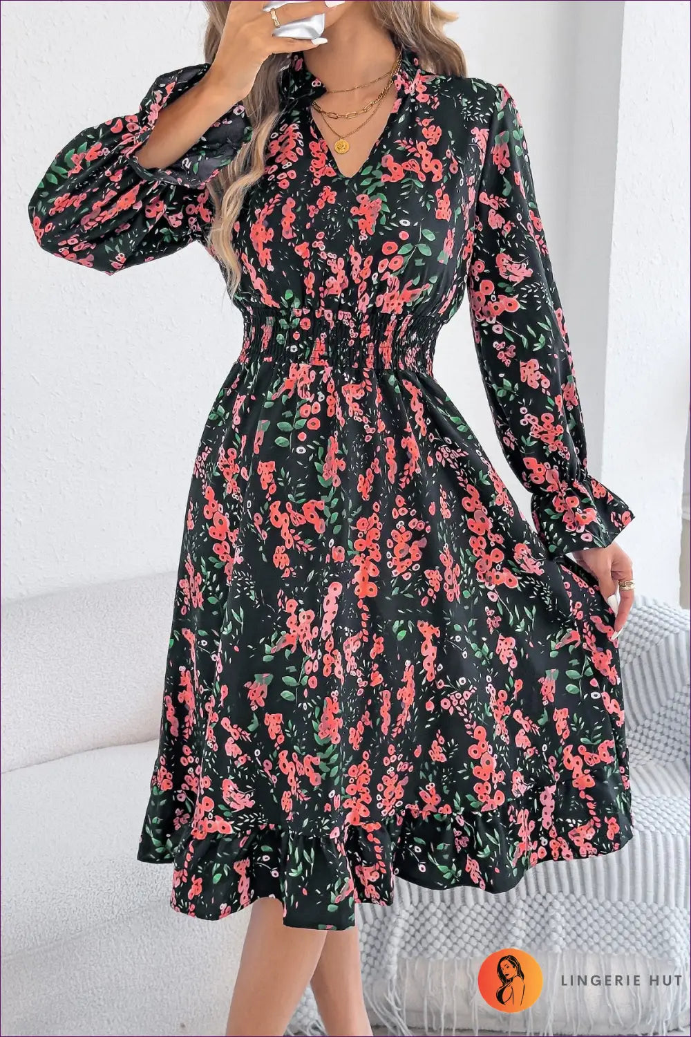 Floral Midi Dress A-line - Bohemian Garden Party Ready - s / Black - Dresses - Lingerie Hut - All Season • Boho • Casual