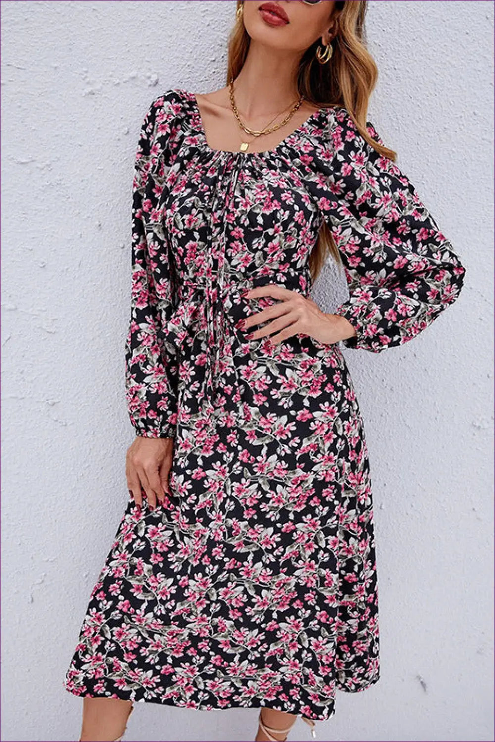Floral Midi Dress with Bubble Sleeves - Garden Party Ready - Dresses - Lingerie Hut - A-line • Autumn • Boho • Casual