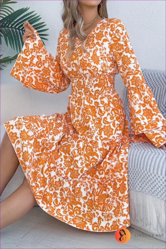 Floral Midi Dress - Effortless Garden Party Elegance - s / Orange - Dresses - Lingerie Hut - A-line • Boho • Casual