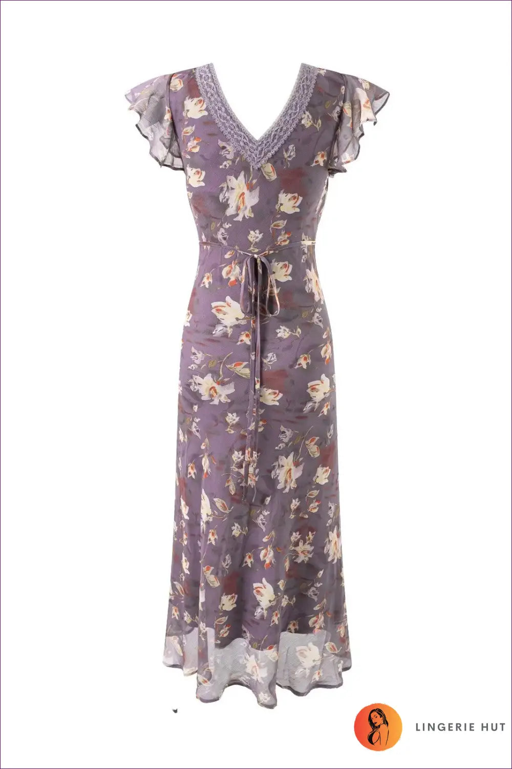 Midi Dress with Flutter Sleeves - Garden Party Elegance - Dresses - Lingerie Hut - A-line • Chiffon • Floral • Formal