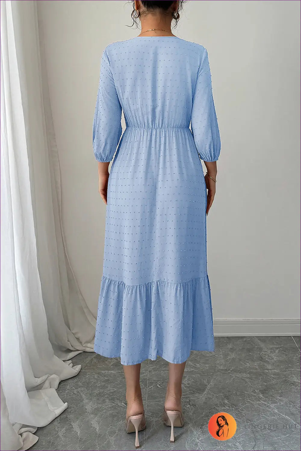 Midi Dress with Lace Trim and Gathered Waist - Romantic - s / Light Blue - Dresses - Lingerie Hut - A-line • Autumn