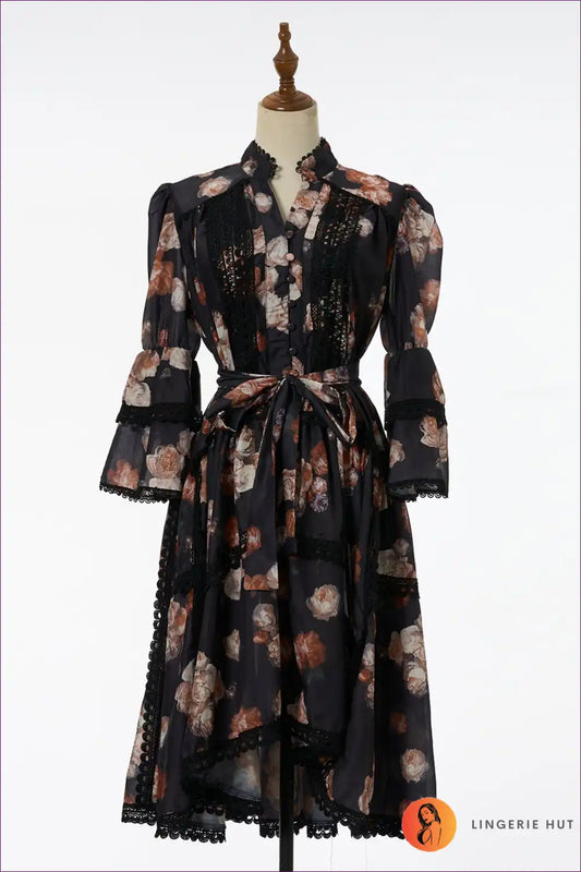 Midi Dress with Lace Trim and Waist Tie - Vintage Romance Mood for A-line, Animal, Autumn, Casual,