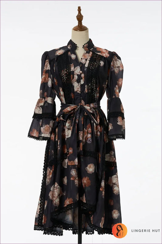 Midi Dress with Lace Trim and Waist Tie - Vintage Romance Mood - m / Black - Dresses - Lingerie Hut - A-line • Animal