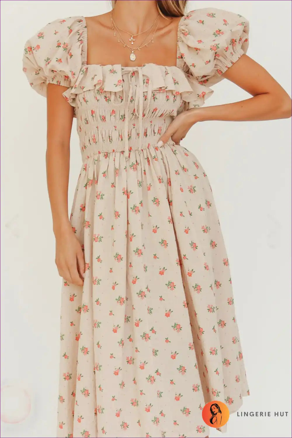 Midi Dress with Puff Sleeves - Sunday Brunch Elegance for A-line, Boho, Casual, Dress, Everyday