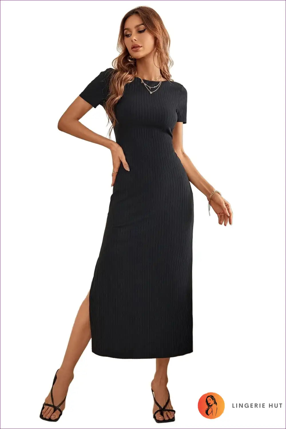 Midi Dress with Ribbed Texture - Minimalist Chic for All Season, Autumn, Bodycon, Casual,