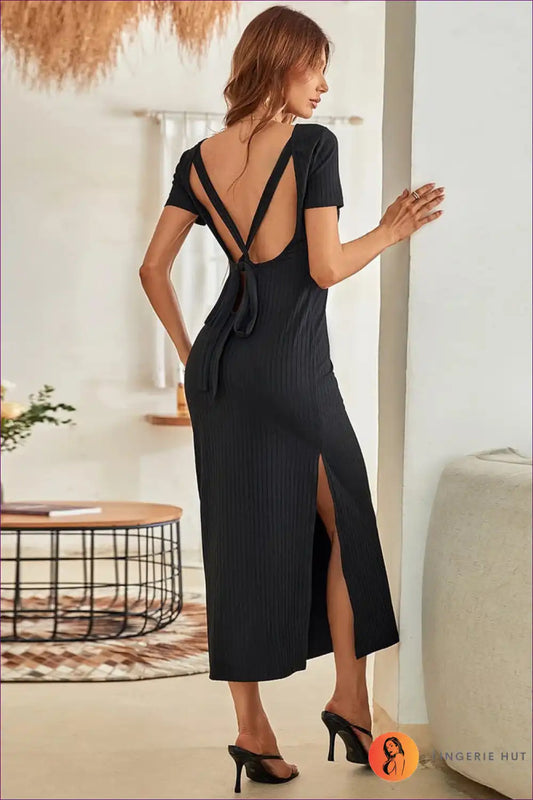 Midi Dress with Ribbed Texture - Minimalist Chic for All Season, Autumn, Bodycon, Casual,