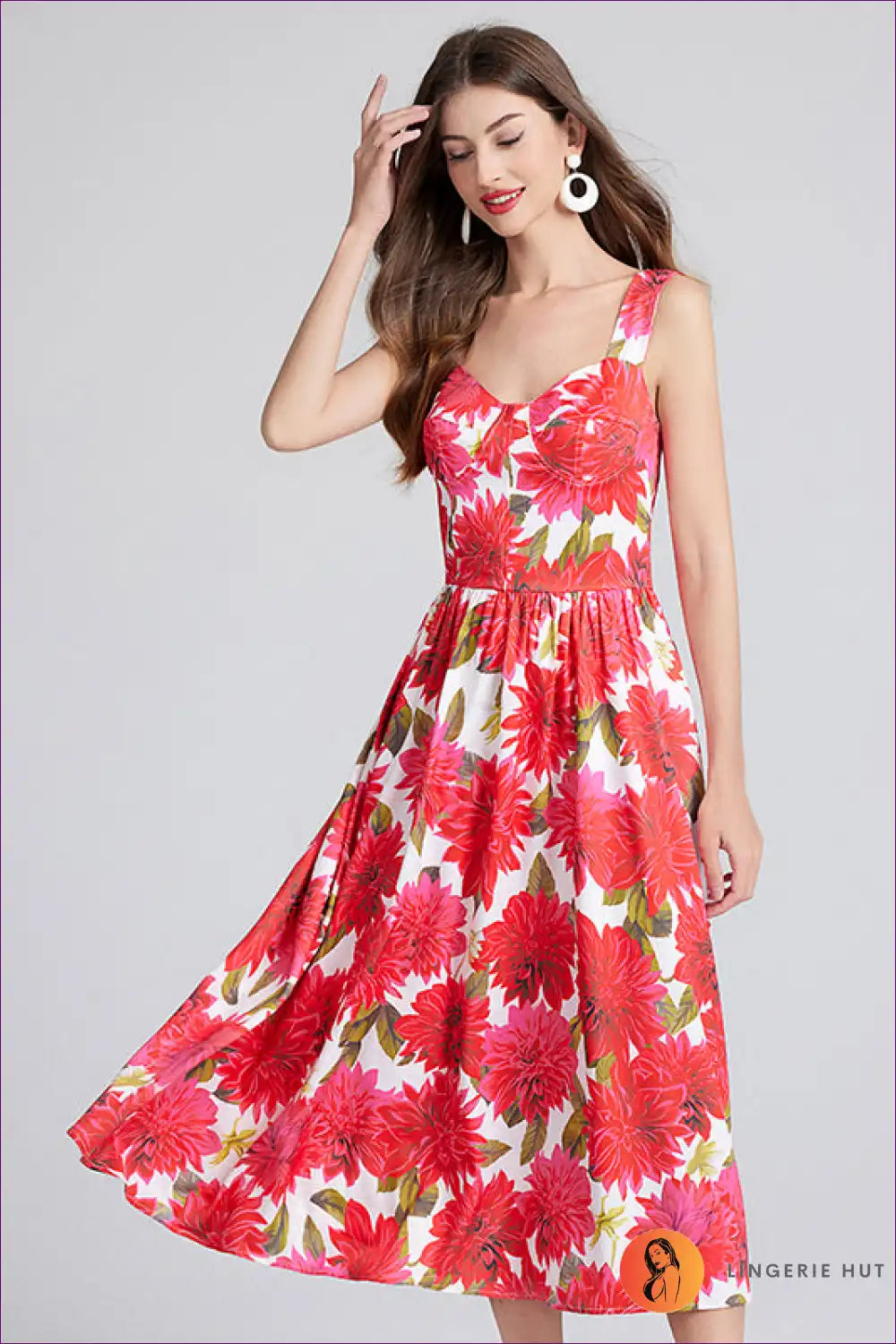 Midi Dress with Rose Print - Garden Party Ready for A-line, Casual, Dress, Everyday, Floral