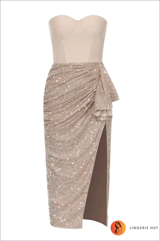 Sequined Strapless Midi Dress - Effortless Glamour - Xs / Camel - Dresses - Lingerie Hut - All Season • Bodycon