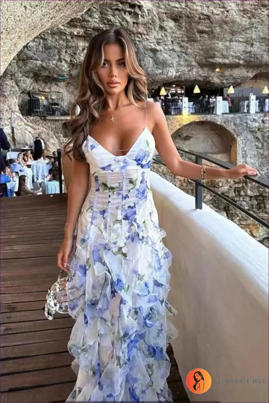 Floral Ruffle Midi Dress - Garden Party Ready - s / Blue - Dresses - Lingerie Hut - A-line • Chiffon • Formal Wear