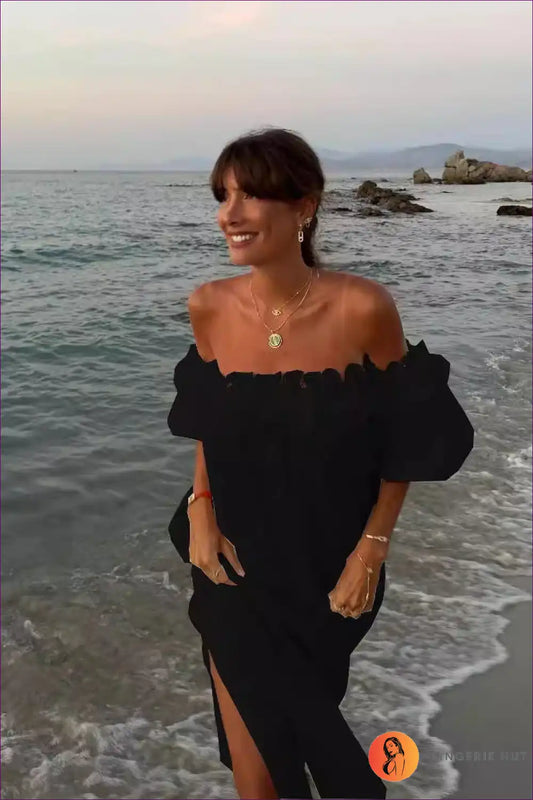 Midi Dress with Off-shoulder Neckline - Coastal Charm for A-line, Backless, Casual, Cutout,