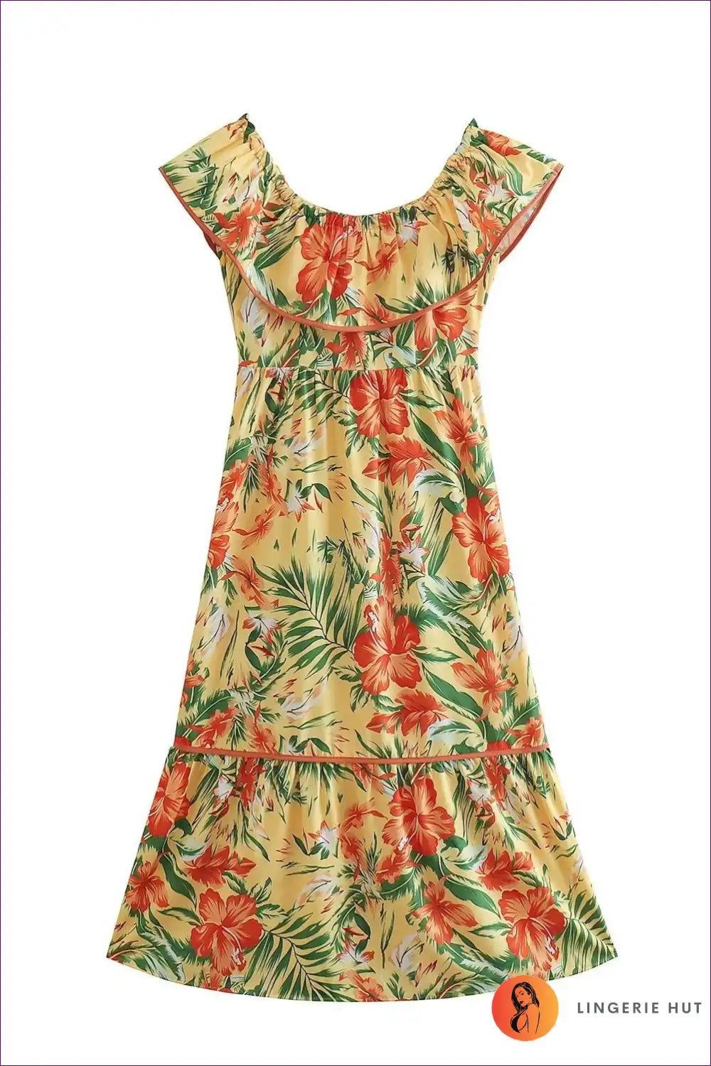 Midi Dress with Off-shoulder Ruffle - Tropical Escape for A-line, Boho, Dress, Everyday, Floral