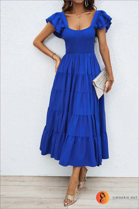 Midi Dress with Smocked Bodice - Garden Party Grace for A-line, Boho, Casual, Dress, Everyday