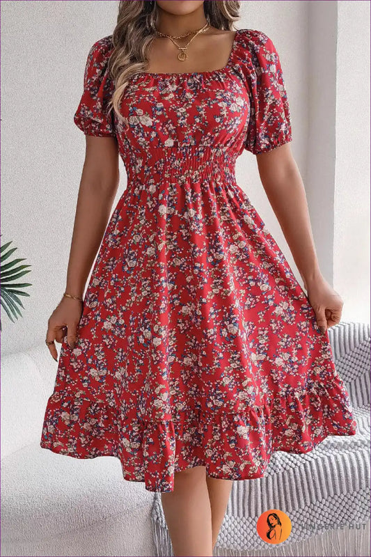 Midi Dress with Smocked Waist - Garden Party Ready for A-line, Boho, Casual, Cotton,