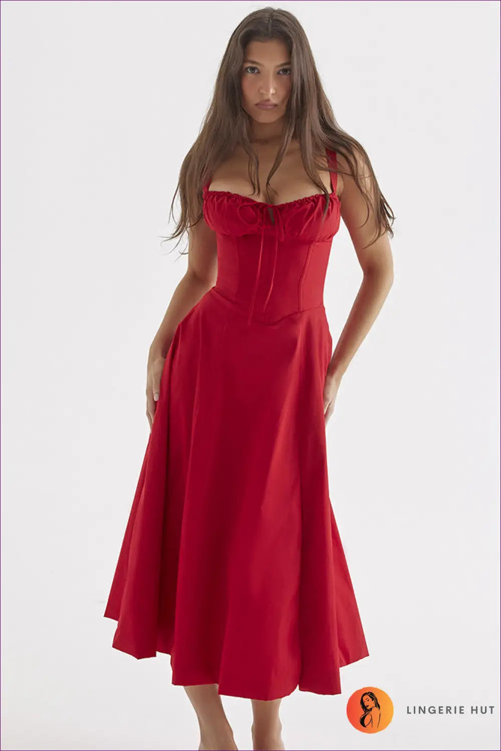 Midi Dress with Square Neckline - Garden Party Grace - Xs / Red - Dresses - Lingerie Hut - A-line • Casual • Everyday