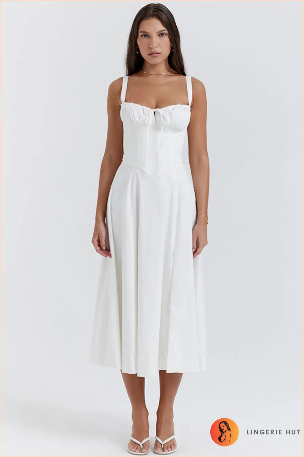 Midi Dress with Square Neckline - Garden Party Grace - Xs / White - Dresses - Lingerie Hut - A-line • Casual • Everyday